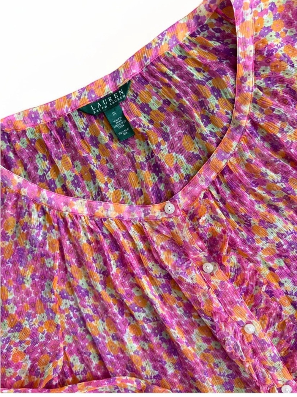 LAUREN RALPH LAUREN Women’s Pink/Orange/Purple Floral Silk Sheer Button Top 1X
